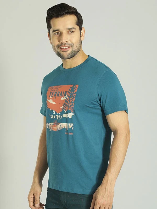 Indian Terrain Men's Half Sleeve Regular Fit Blue Round Neck T-Shirt